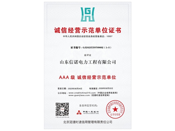 诚信经营示范单位证书